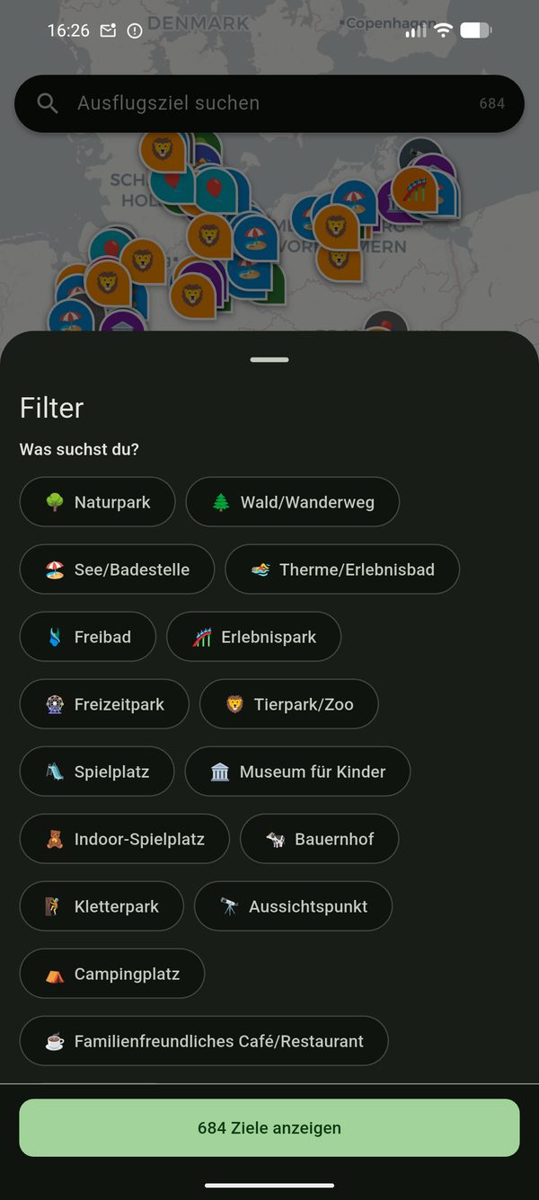 Das Filter-Sheet der App mit Kategorien wie Naturpark, See, Freibad, Spielplatz und Tierpark als antippbare Chips.